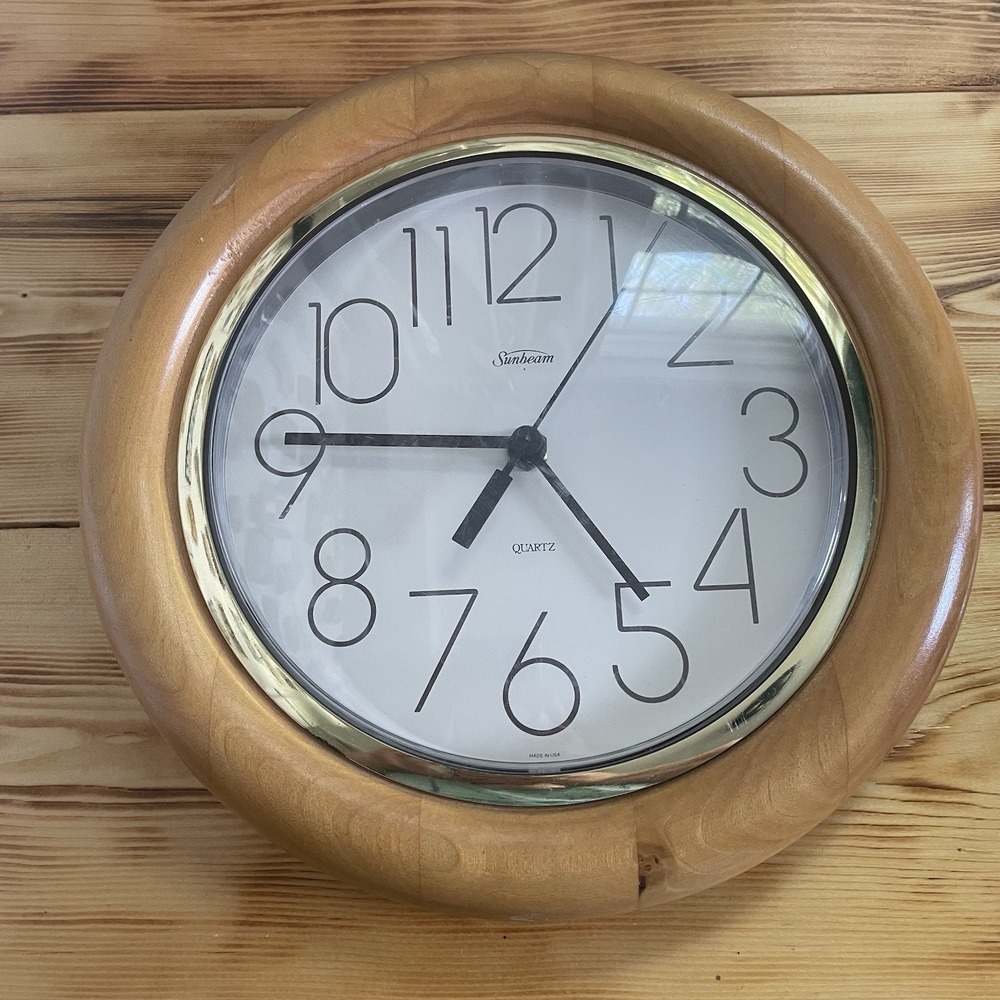 Sunbeam Vintage Wall Clock 11" Solid Wood Gold Trim Quartz Running with Battery